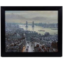 Steven Scholes (Northern British 1952-): 'Tower Bridge and Billingsgate Fish Market - London 1958', oil on canvas signed, titled verso 38cm x 49cm