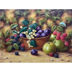 John F Smith (British 1934-): Still Life with Berries, oil on board signed 30cm x 40cm 
Notes: Smith was employed by Royal Worcester as a fruit painter between 1950 and 1971.