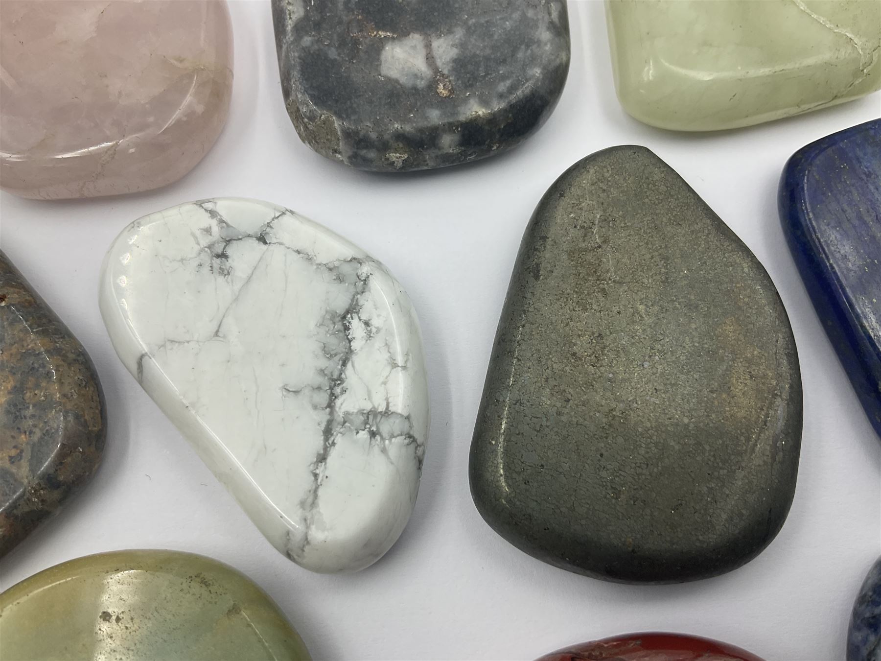 Fifteen mineral specimens, each cut and polished to highlight natural formations, including lapis lazuli, rose quartz, green aventurine, jasper, black obsidian etc, L4cm