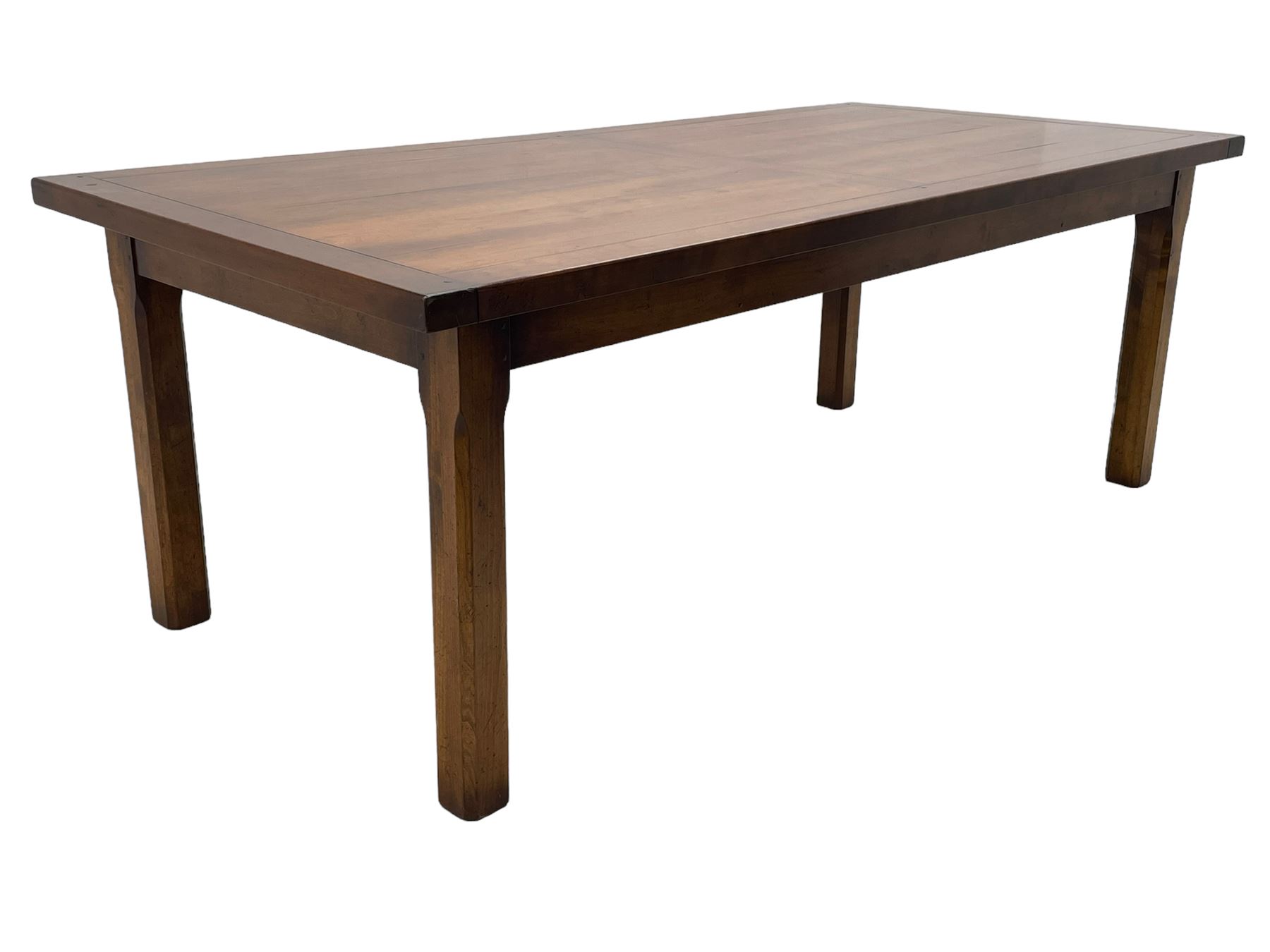 Contemporary French farmhouse design cherry wood dining table, rectangular bordered top on square chamfered supports 