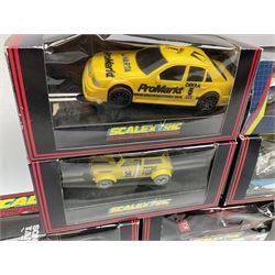 Scalextric by Hornby - seven cars comprising C486 Porsche 962 Kenwood, C467 Tyrrell 018, C601 Mercedes Sonax, C699 Mercedes Promarket #5, C468 Sauber Mercedes, C2104 Mini Yellow No.56 and C2002 Audi A4; all boxed (7)