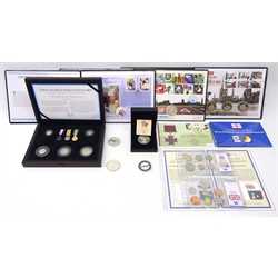  Collection of mostly British coinage including 2010 one ounce fine silver Britannia, 2010 Bailiwick of Jersey 'Battle of Britain' two pounds, 2014 'World War I Silver Commemorative' one crown boxed with certificate, 2014 'The Royal Visit to New Zealand Silver Proof Coin Cover' and 'London 2012 Olympic & Paralympic Games Silver Coin First Day Cover', both in Westminster folders with certificates,  'First World War Centenary coin & medal collection' edition limit of 1,914, boxed with certificate and other coinage  