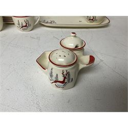 Crown Devon Stockholm pattern tea wares, comprising six cups and saucers, cake plate, milk jug, sugar bowl and cruet set