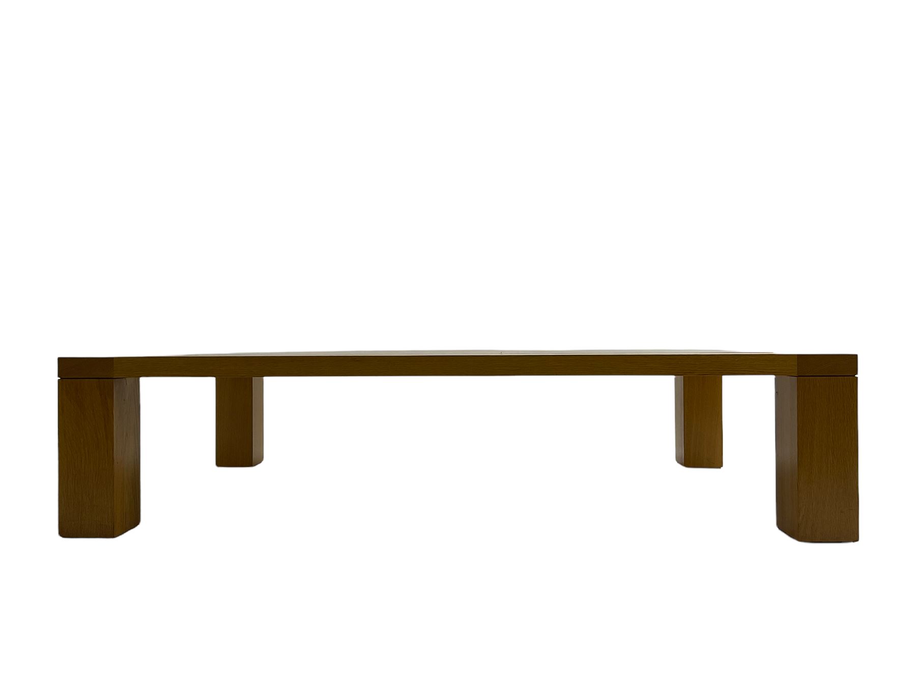 Large pippy oak rectangular coffee table, square block leg, retailed by Chapmans of Newcastle