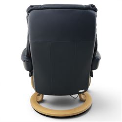 Ekornes - Stressless 'Mayfair, Classic Power' motorised swivel recliner armchair, size medium, upholstered in blue leather, raised on an oak finish frame
