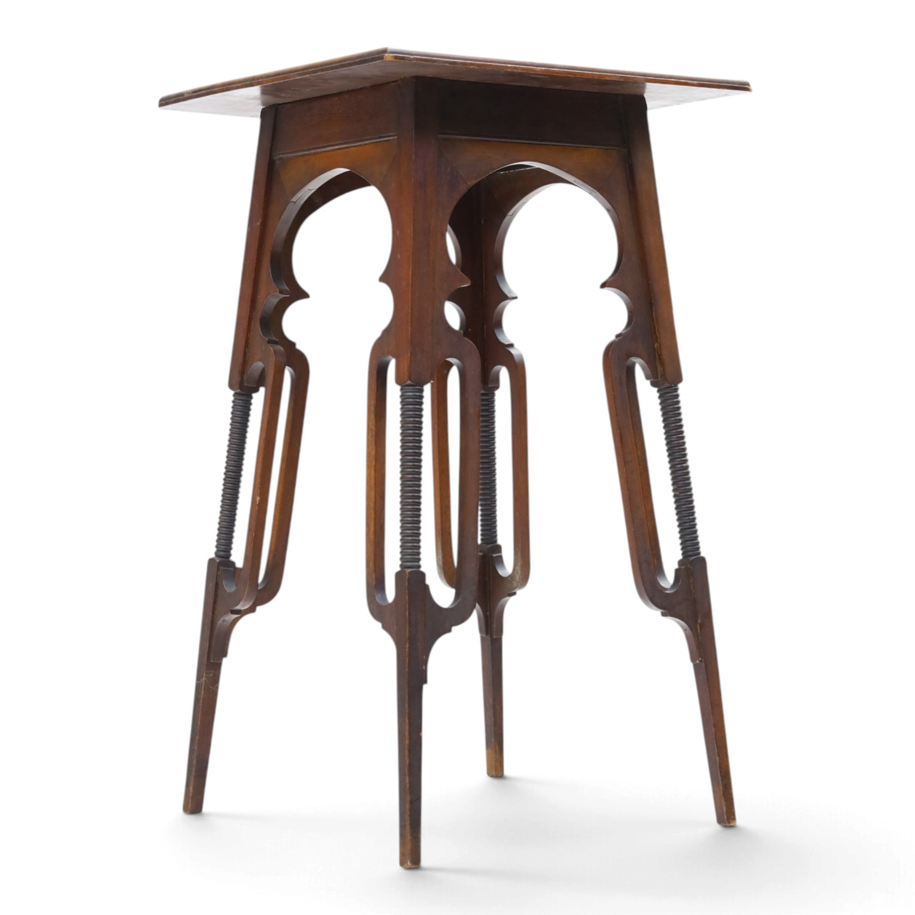 Art Nouveau design mahogany side table, square moulded top over pierced scroll shaped aprons, on four openwork supports