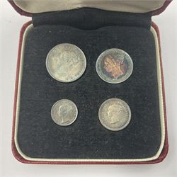 Queen Victoria 1886 maundy coin set, housed in a modern 'Maundy Money' case