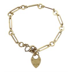 9ct gold rectangular and circular link bracelet, with heart locket clasp
