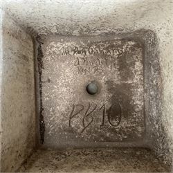 Pair of weathered cast stone square planters, daisy chain detail, one stamped
