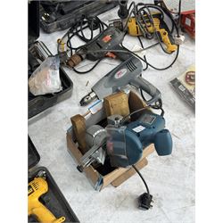 Performance Pro router with accessories, cased; DeWalt drill, two angle grinders with bits, biscuit jointer, bench grinder, scroll saw, heat gun, drills and other