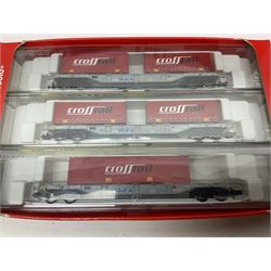 Fleischmann 'N' gauge - four-car set with double pantograph locomotive, dummy and two double decker coaches; No.825201 'Piccolo' three-piece wagon set; No.9198 'Piccolo' level crossing; No.9171 'Piccolo' points; and  No.KN35 Girder Bridge; all boxed