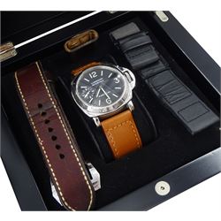 Panerai Luminor Marina gentleman's stainless steel manual wind wristwatch, Ref. OP 6518, limited edition No. 0213/3000, black dial with luminous Arabic and baton hour markers and subsidiary seconds dial at 9 o'clock, on original tan leather strap with addition brown leather strap, boxed with guarantee card dated 2000