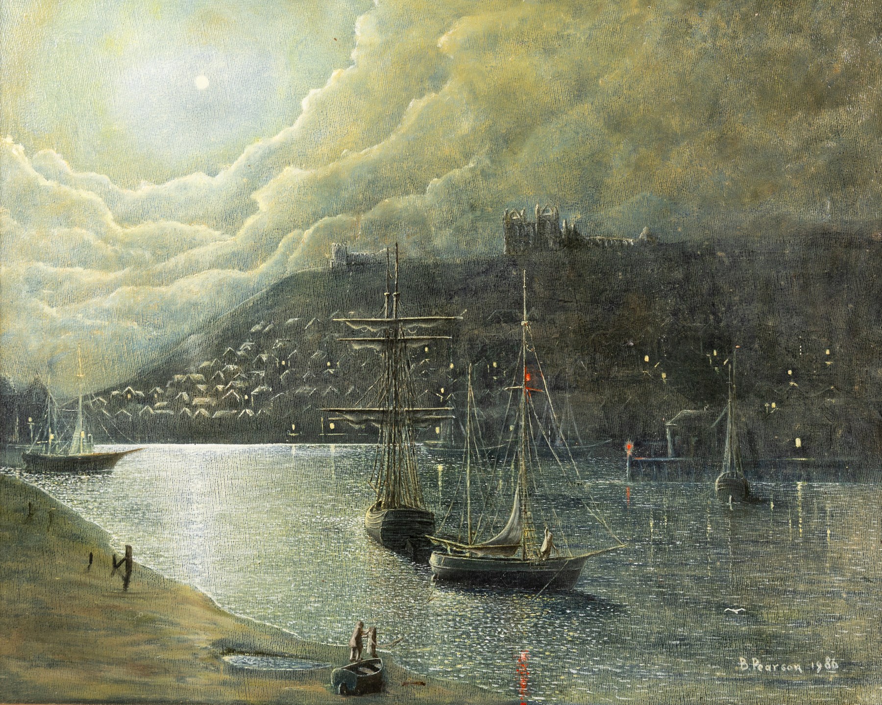 B Pearson (British 20th century): Whitby by Moonlight, oil on canvas signed and dated 1986, 40cm x 50cm