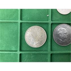 Coins and medallions including, York 1811 one shilling cattle and barber silver token, United States of America 1883O silver Morgan dollar, birds of destiny medal by Malcolm Appleby, Great British King George V 1930 halfcrown, King Edward VII 1902 silver medal, King George V 1916 halfcrown etc, housed in a case with lift out green coin trays