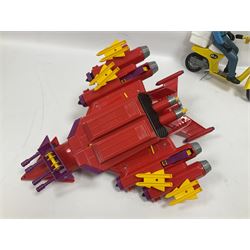 Manta Force Red Venom 1987 Bluebird Toys PLC toy plane with associated figures, with three more toy vehicles and figures comprising Lanard 1996 S.T.A.R Force Mobile Ground Support truck, Hasbro 2000 Action Man motorbike with side car, Sindy moped 