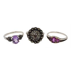 9ct gold three stone amethyst ring, Summit silver and marcasite cocktail watch hallmarked and two silver stone set rings, both stamped