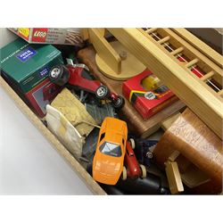 Miscellaneous collectibles to include Tonka model racing car, wooden chess set, boxed Lego electric rails, small quantity of die-cast cars and metal miniature soldiers etc in two boxes 