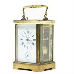 French carriage clock, the white dial inscribed 'L'Epee Fondee en 1839, Sainte Suranne, France,  with repeater movement and alarm in brass and bevelled glass case H13cm