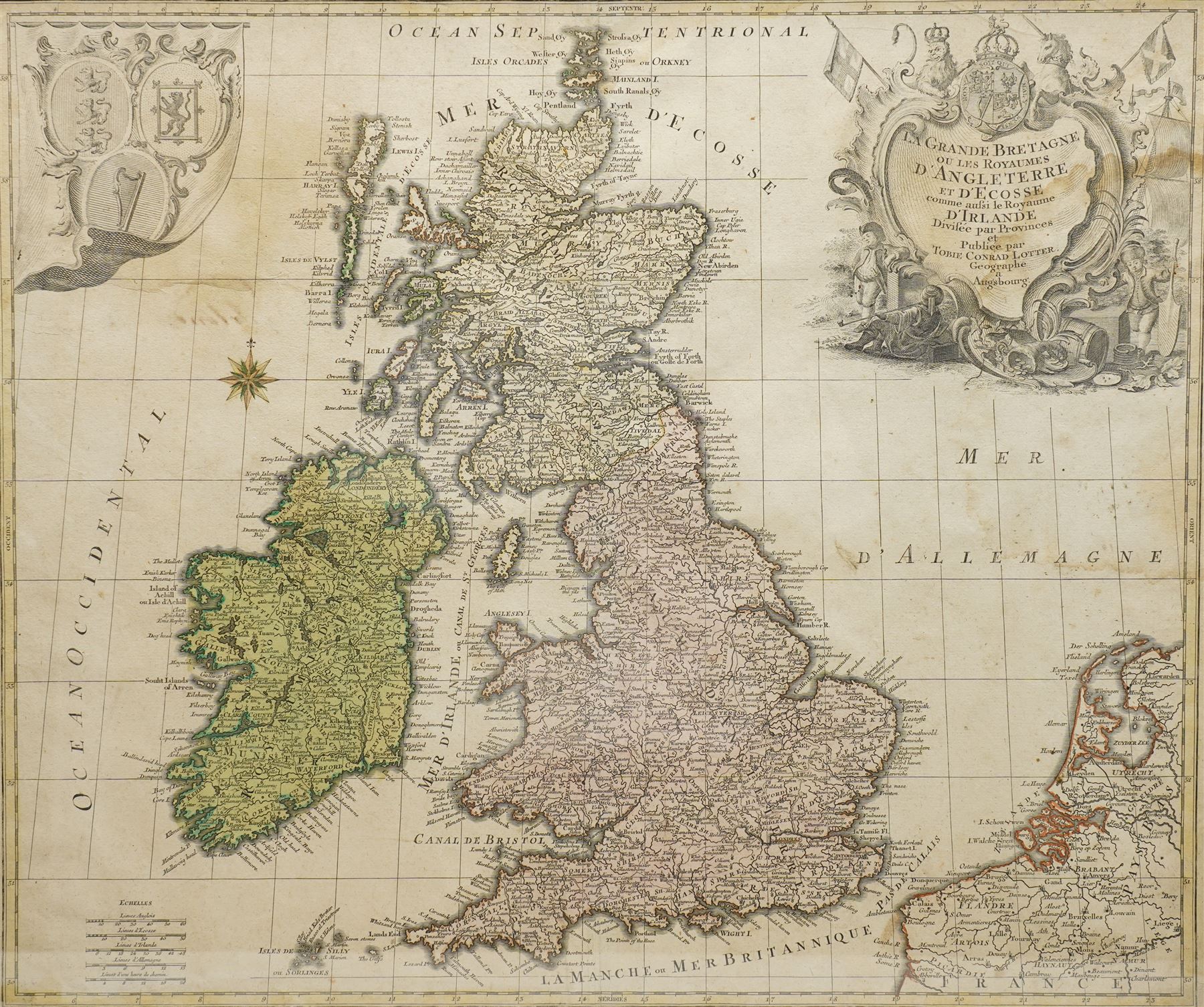 Mathais Albrecht Lotter (German 1741-1810): 'Le Grande Bretagne ou les Royaumes D'Angleterre et D'Ecosse comme aussi le Royaume D'Irlande Divisé par Provinces...', 18th century engraved map of the British Isles with hand-colouring pub. c.1776, 51cm x 60cm
