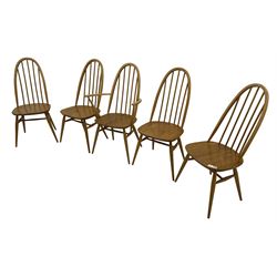 Ercol - set if five (4+1) elm and beech 'Windsor' dining chairs, high hoop and stick back, on tapering splayed supports united by H stretchers 