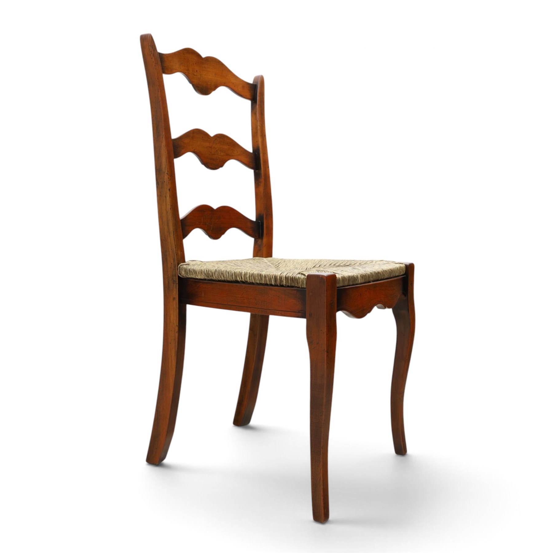 French cherry wood extending dining table, rectangular top on square chamfered supports with two additional leaves; with Batheaston - set of eight cherry wood waived ladder back dining chairs with rush seats (W46cm H98cm)