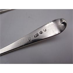 1920s silver cigarette case, of typical form, with engraved lozange to cover, hallmarked Charles Edwin Turner, Birmingham 1920, together with a pair of George III silver Old English pattern teaspoons, with engraved initials to terminal, hallmarked Peter, Ann & William Bateman, London 1803 and a cased spoon and pusher, hallmarked 