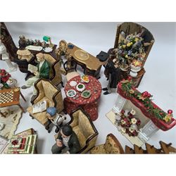 Dolls house living room and dining room furniture, including arm chairs, desk, fireplaces, dressers, tables, eight figures and a large collection of predominantly Christmas themed food, accessories and decorations