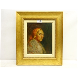  B S W (19th/20th century): Portrait of a Gypsy Woman, oil on canvas signed with monogram and dated '99,  24cm x 19cm  