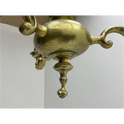 Heavy gilt table lamp of Corinthian column form, raised upon square stepped base with four claw feet, H50cm excl fitting, together with heavy three branch brass chandelier, L60cm