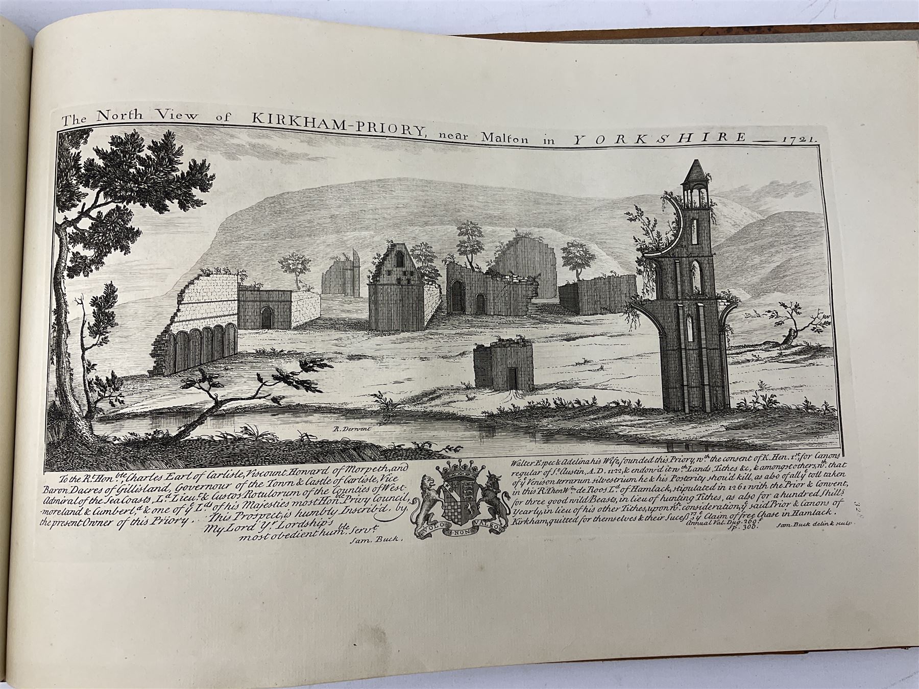 Samuel Buck: Ruins, Abbeys and Castles of Yorkshire. Bound collection of twenty-five engraved views dated 1720 - 1728 including Burstal Abbey Hull, Bolton Abbey, Whitby Abbey, Scarborough Castle, Malton Priory etc and list of subscribers; oblong folio; mottled half leather and suede binding by Etherington, Thorpe & Co., Pudsey