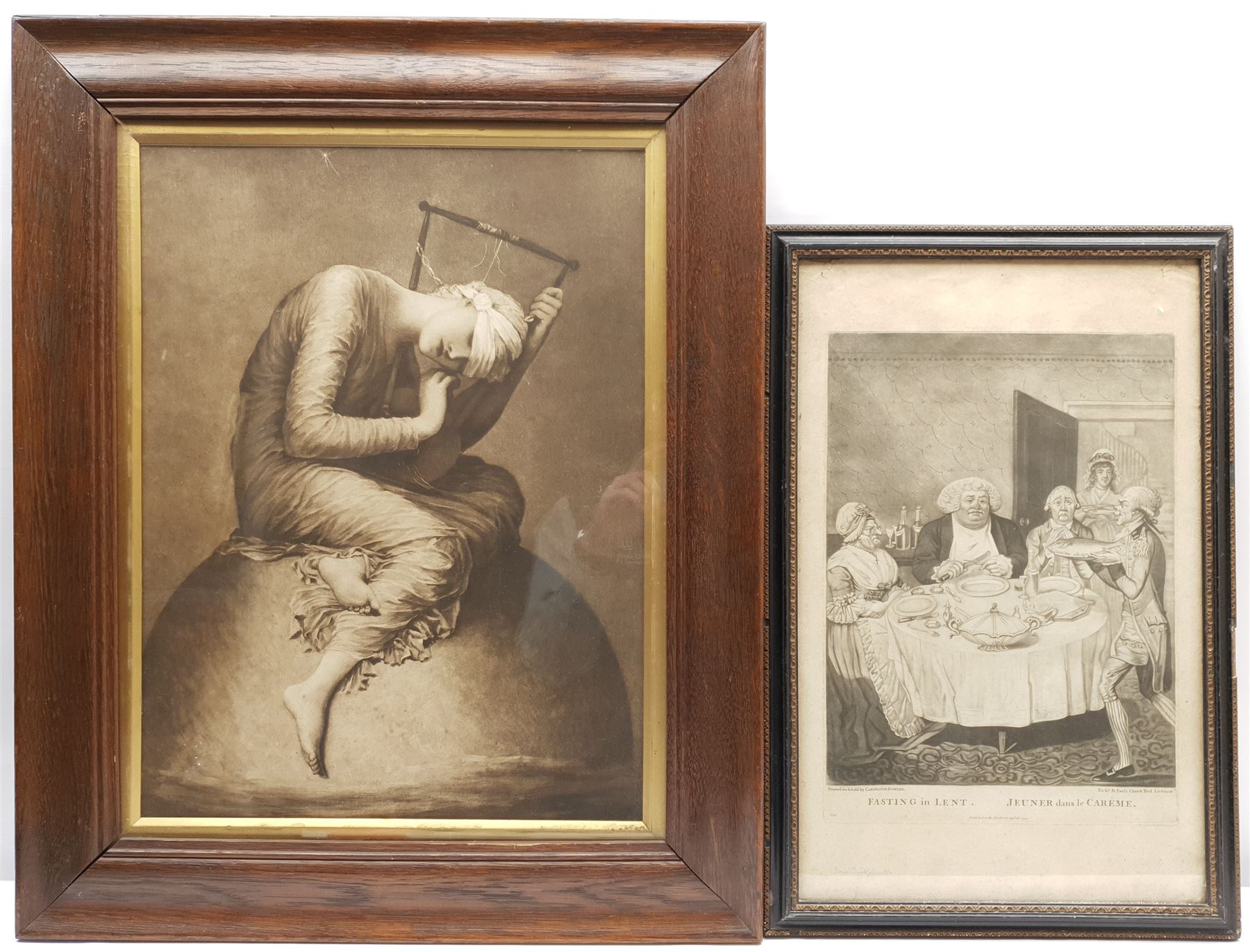 After George Frederick Watts (British 1817-1904): 'Hope', 19th century sepia-toned print possibly pub. Frederick Hollyer 48cm x 36cm; 'Fasting in Lent. Jeuner dans le Carême', mezzotint pub. Carington Bowles 1792, 35cm x 25cm (2)