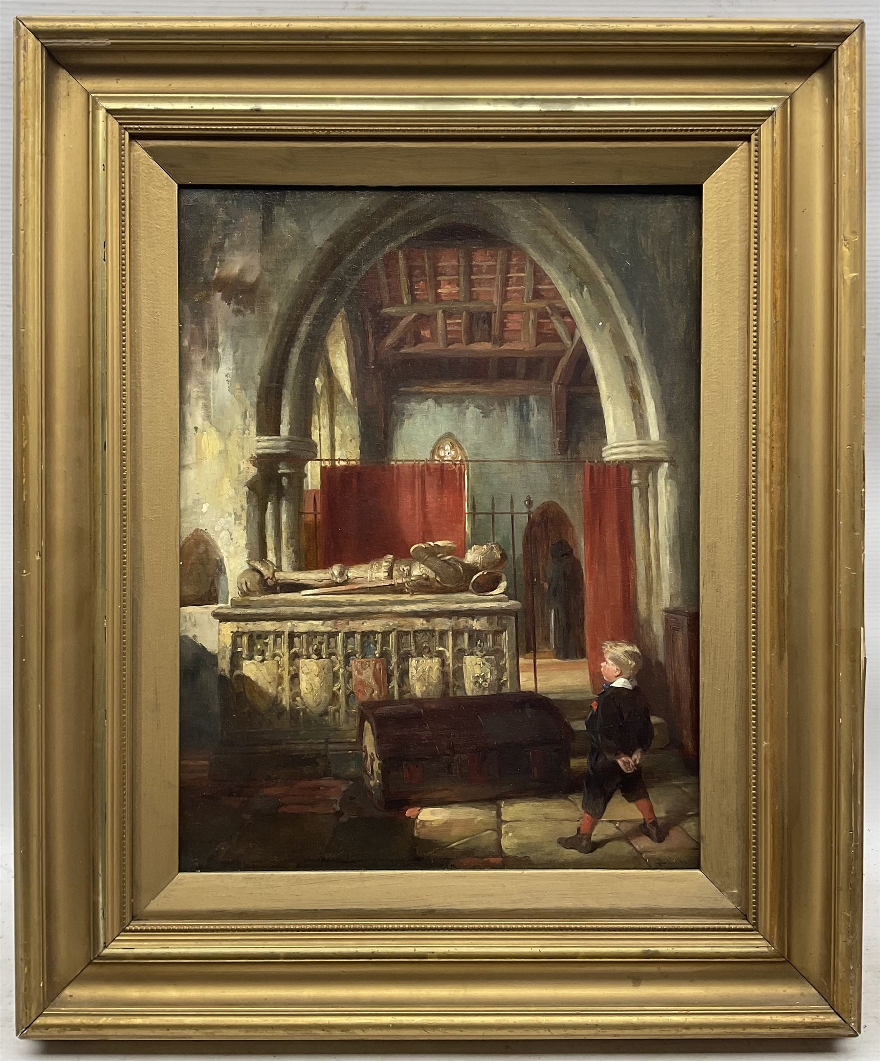 James Lobley (British 1828-1888): Boy Stood Before the Tomb of a Knight, oil on canvas board signed 42cm x 32cm 