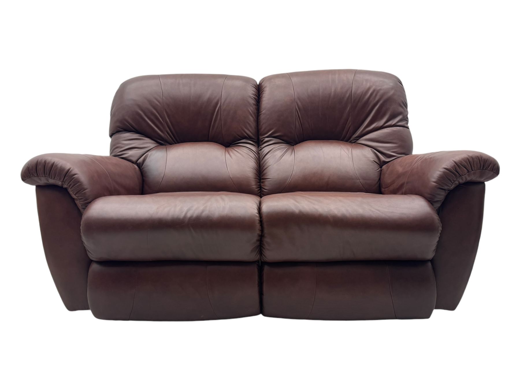 La-Z-Boy - manual reclining three piece suite - two seater sofa (W165cm, H105cm); and two armchairs (W98cm), upholstered in brown leatherette