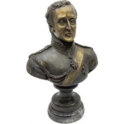 Bronzed head and shoulder bust of Wellington in uniform, upon stepped marble base, H36cm