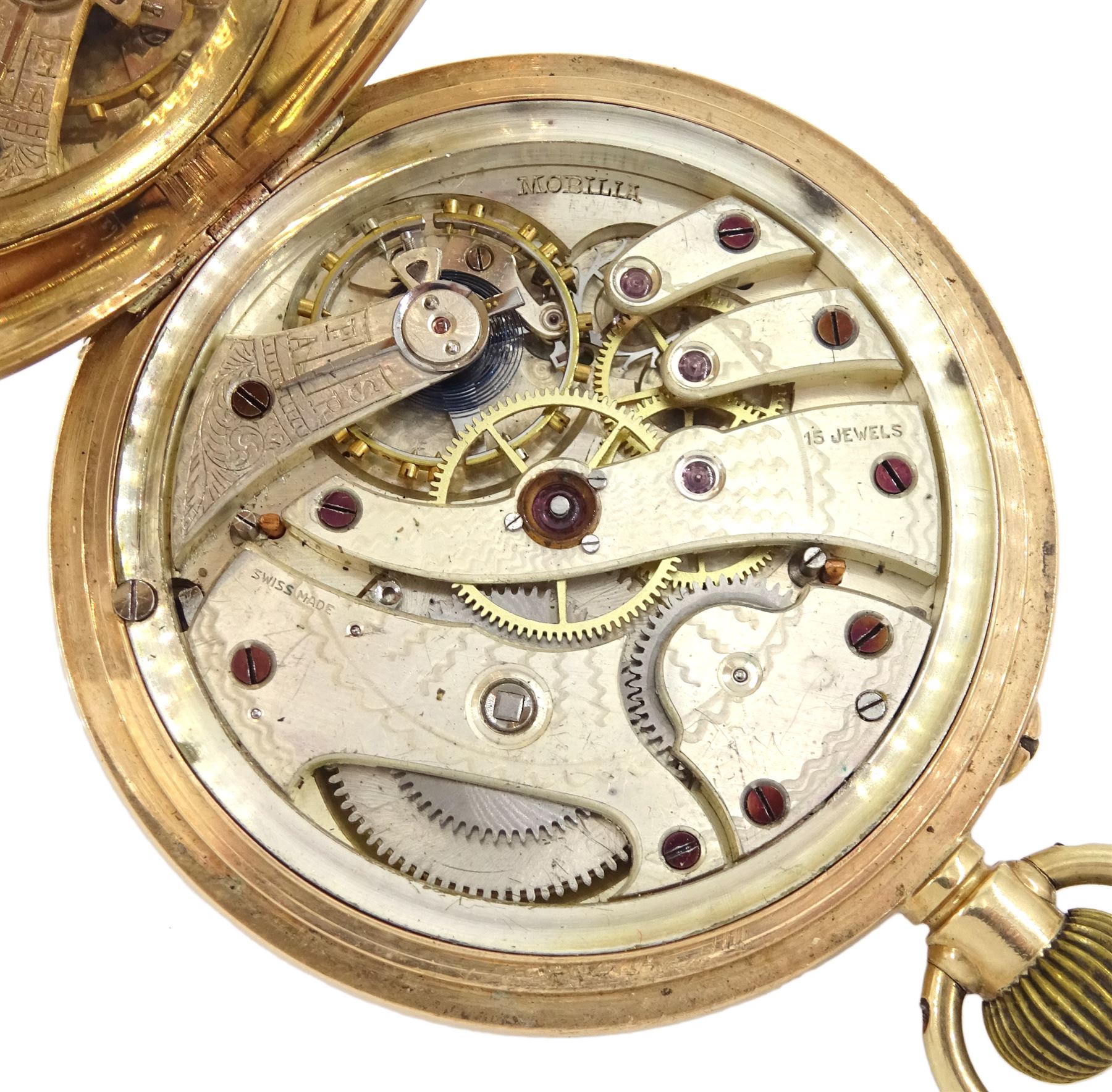 Early 20th century 9ct rose full hunter, keyless lever pocket watch, white enamel dial with Roman numerals and subsidiary seconds dial, back case with engraved monogrammed CS initials by Stockwell & Co, London import mark 1913
