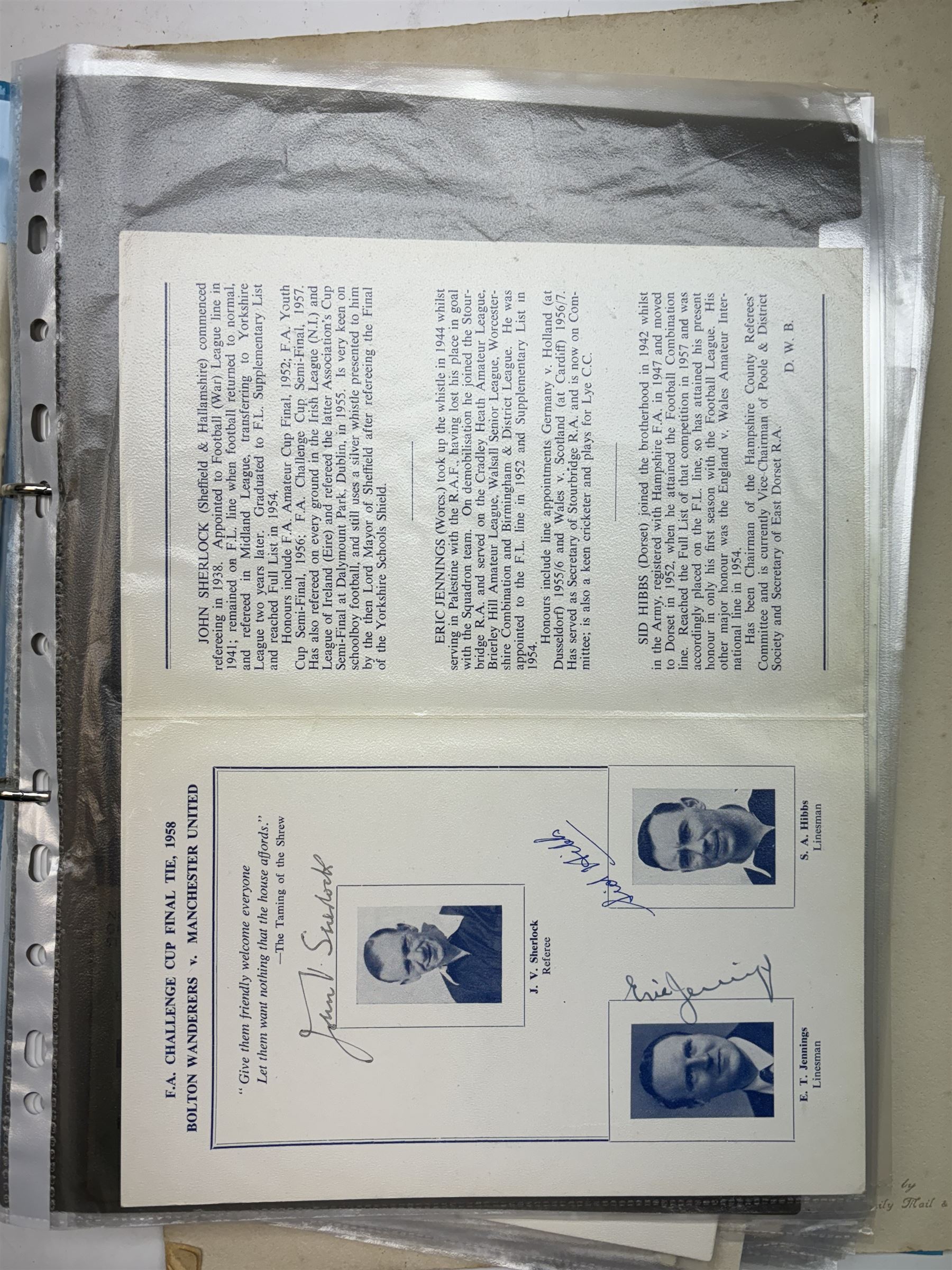 Collection of football memorabilia belonging and relating to the Hull based referee Frank Coultas, including 9ct gold Referee's medal for the 1957 Aston Villa v Manchester United FA Cup Final, inscribed 'The Football Association, F.B Coultas, F.A. Challenge Cup Competition, Final Tie 1957', hallmarked and in original case; the kit worn by him to referee the 1957 FA Cup Final and ephemera relating to the match including photographs, programmes and tickets; together with other football memorabilia collected by Frank Coultas, including programmes, photograph and ticket stubs, with some items relating to the 'Busby Babes'