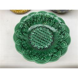 Wedgwood majolica comport, moulded with basket weave and foliage decoration, together with Imperial & Bonn and Sylvac jardinières, sylvac H18cm
