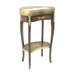  Mid to late 20th century French style kidney shaped side table, marble top with gilt metal gallery, single drawer, cabriole supports connected by undertier with inlay, gilt metal mounts and fittings, W44cm, H72cm  