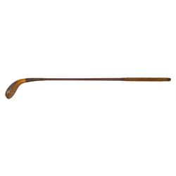 Late 19th century long nose golf club, the beech head marked F H Ayres, with horn sole plate, inset lead weight and grooved face, hickory shaft and suede leather grip, L95cm