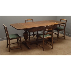 Early 20th century oak drawer leaf dining table, turned and carved rails and columns on sledge supports joined by single stretcher, (193cm x 92cm, H78cm), and set four ladder back oak chairs, green upholstered seat  