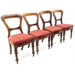 Set four Victorian mahogany balloon back dining chairs, upholstered seat, turned tapering supports