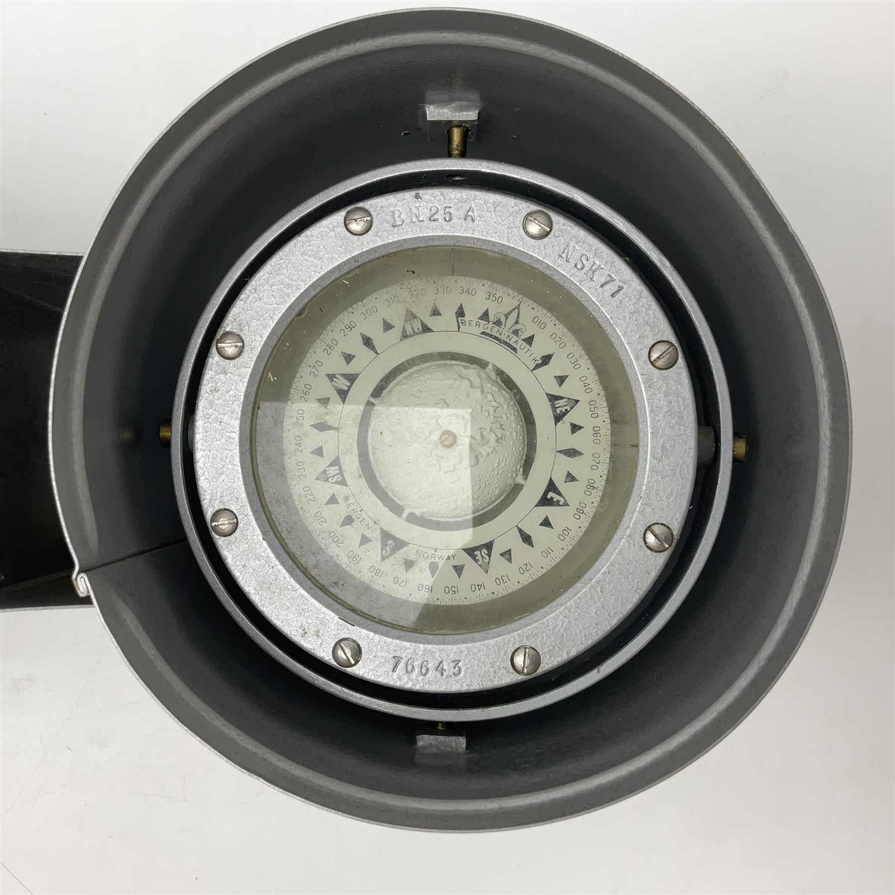 Ship's lifeboat gimble compass in binnacle, with plaque 'Bergen Nautik Instrumentfabrikk ..... Norway. Type BN25COL No.770559' 