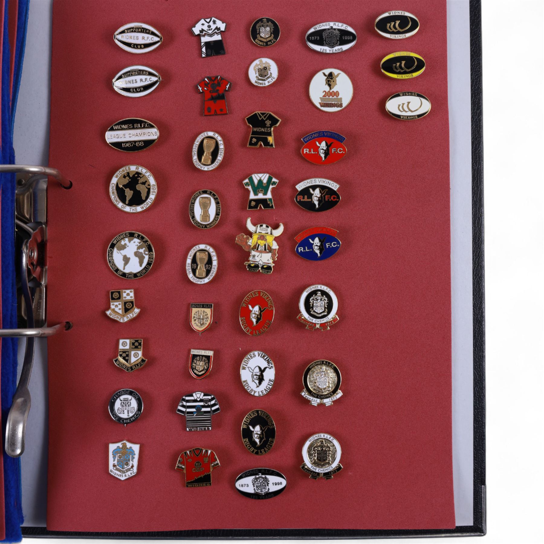 Rugby league enamel badge collection, from Swinton Lions, Wakefield Trinity, Warrington Wolves, Whitehaven, Widnes Vikings, Wigan Warriors, Workington Town and York City Knights, including Wigan Wembley and Cup Winners examples, housed in two folders, (approximately 300)