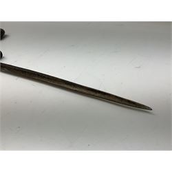 British pattern 1876 socket bayonet with 55cm triangular blade; another smaller socket bayonet; and a leather shot flask, the brass action marked Sykes (3)