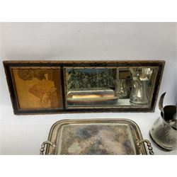 Assorted collectables, to include various silver plate including an entrée dish and cover, spirit kettle, bottle coaster, flatware, sauce boat, etc., a Pewter tray with touch marks beneath, faux tortoiseshell tray, Eastern framed mirror, Oriental fan in black lacquered box, etc, in one box 