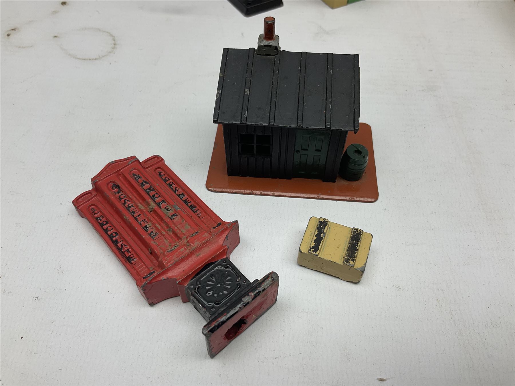 Hornby Dublo - two stations, signal box, 3-piece platform, footbridge, girder bridge etc; and other die-cast trackside and station accessories; all unboxed