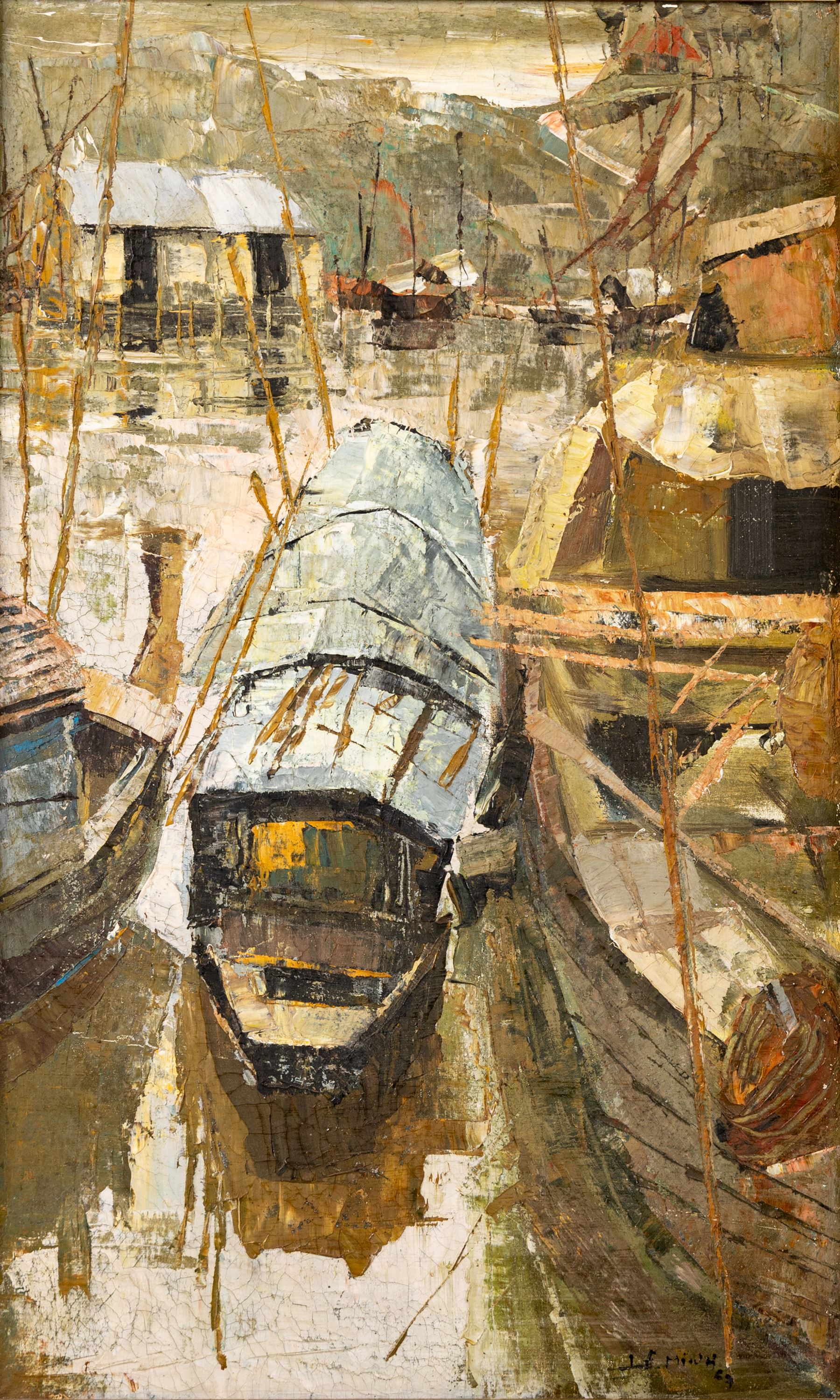 Le Minh (Vietnamese 1937-): Fishing Village with Moored Boats, oil on canvas signed and dated '69, 49cm x 29.5cm
