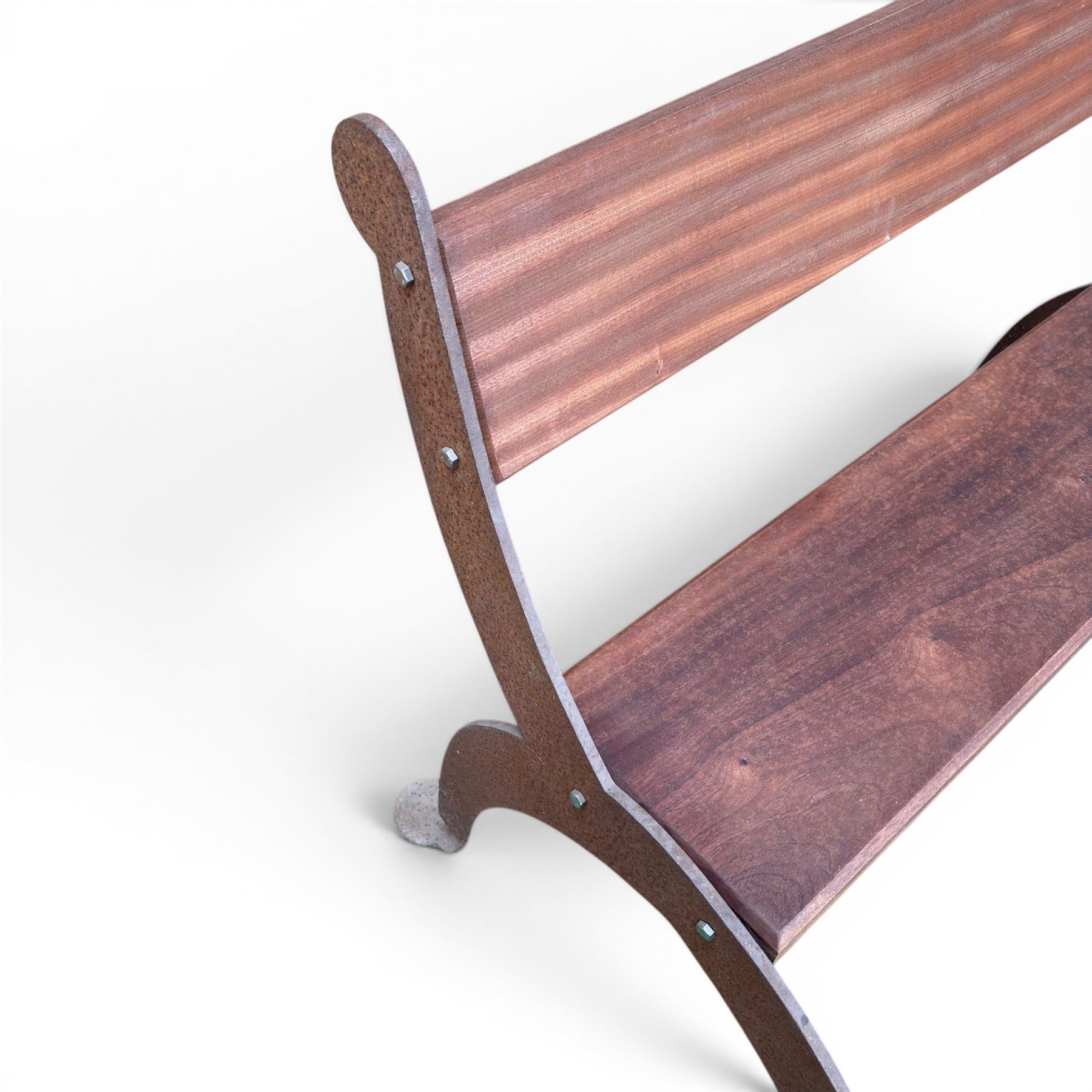 Corten steel industrial minimalism garden
bench, sapele hardwood plank seat and
backrest, unfinished steel with stained
timber