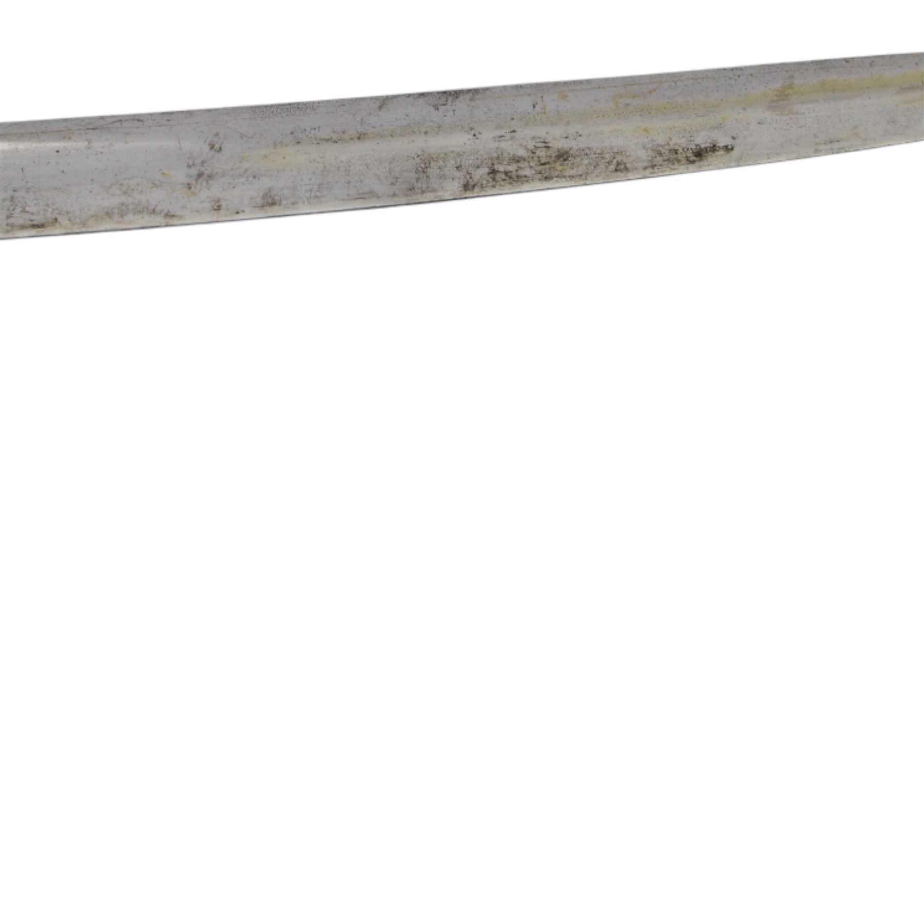 British 17th Lancers, Duke of Cambridge Own, 1899 cavalry sword, with L83cm single-edged slightly curved blade, top of blade etched '30E', broad sheet steel bowl hilt with chequered black leather grip scales, the steel two ring scabbard engraved 2/09 O.T.C , overall L104cm