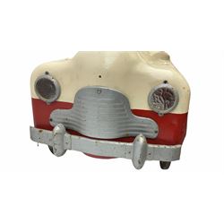 1950s child's tin-plate pedal car, possibly by Tri-ang, painted white and red and named 'Crusader' L104cm